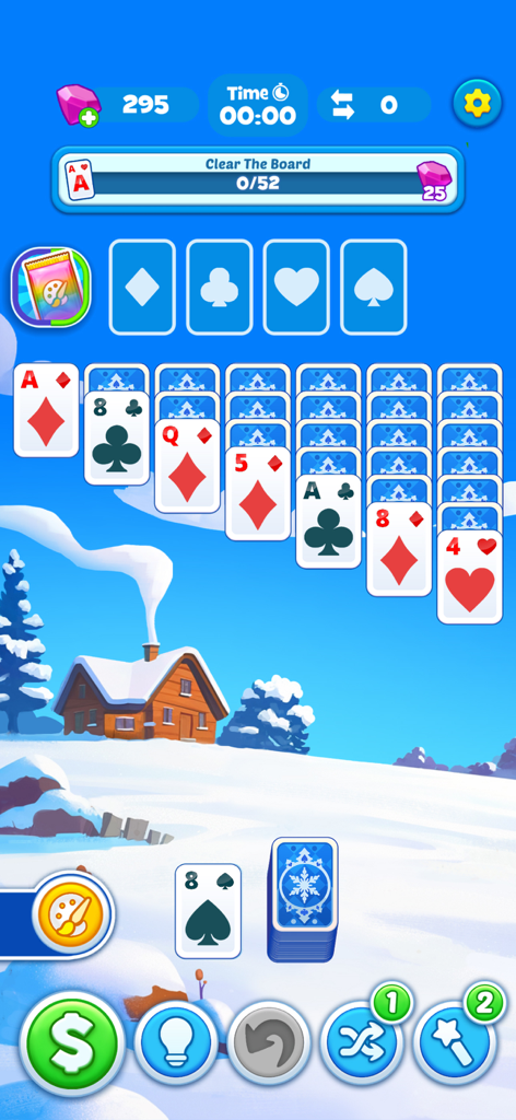 Win Money Solitaire - Solitaire gameplay interface with a winter cabin background and cash reward icons.