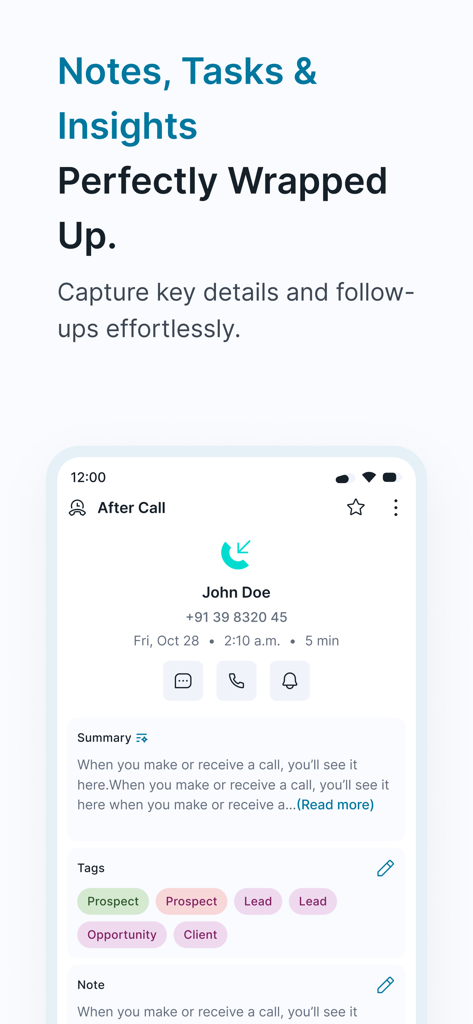 Ringover - Ringover mobile app interface showing post call notes and lead tags
