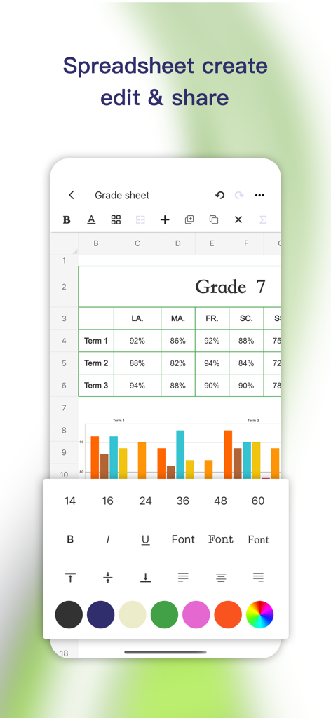 Simple Spreadsheet:view & edit - Mobile app interface showing a grade sheet table with a bar chart and formatting toolbar