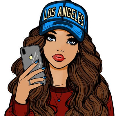 realistic beautiful girl wearing los ángeles cap holding an iphone