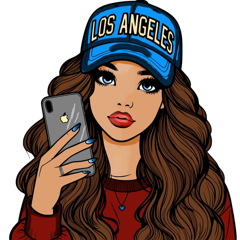 realistic beautiful girl wearing los ángeles cap holding an iphone