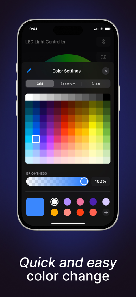 Smartphone screen showing a color grid and brightness slider for controlling LED lights.