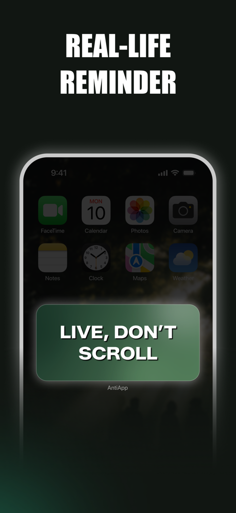 Stop Doomscrolling: AntiApp - iPhone上のミニマルな現実世界の注意喚起として、LIVE DON'T SCROLLというテキストを表示するAntiAppホーム画面ウィジェット。