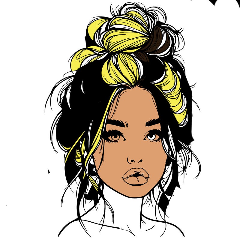 realistic girl with a messy bun and she has lips
