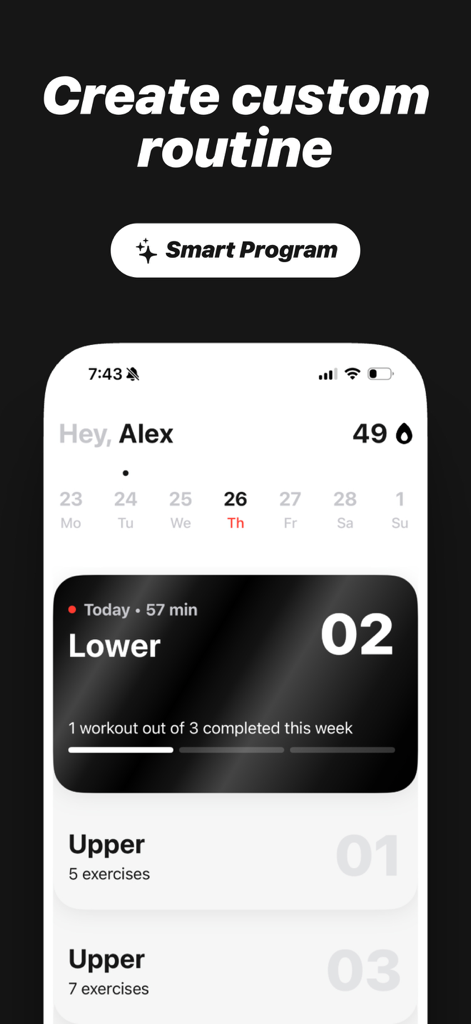 Interfaz del rastreador de entrenamiento Lift mostrando el panel del usuario y la creación de rutinas personalizadas