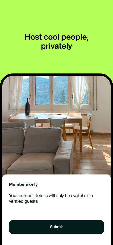 Ciao app screen for private home hosting to verified guests