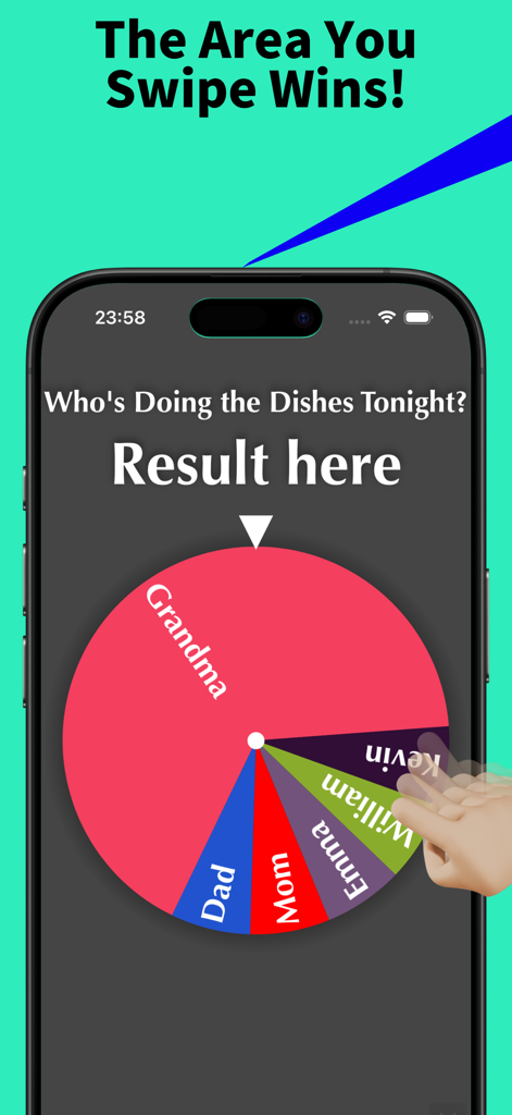 A smartphone showing the Unfair Wheel app where a hand swipes a specific section of a decision wheel to rig the result