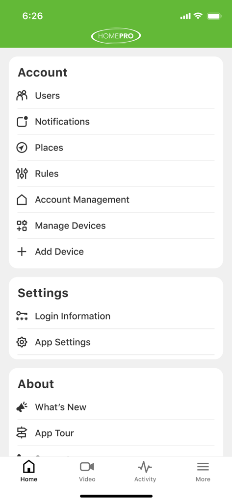 HomePro Security - HomePro Security app account and settings menu