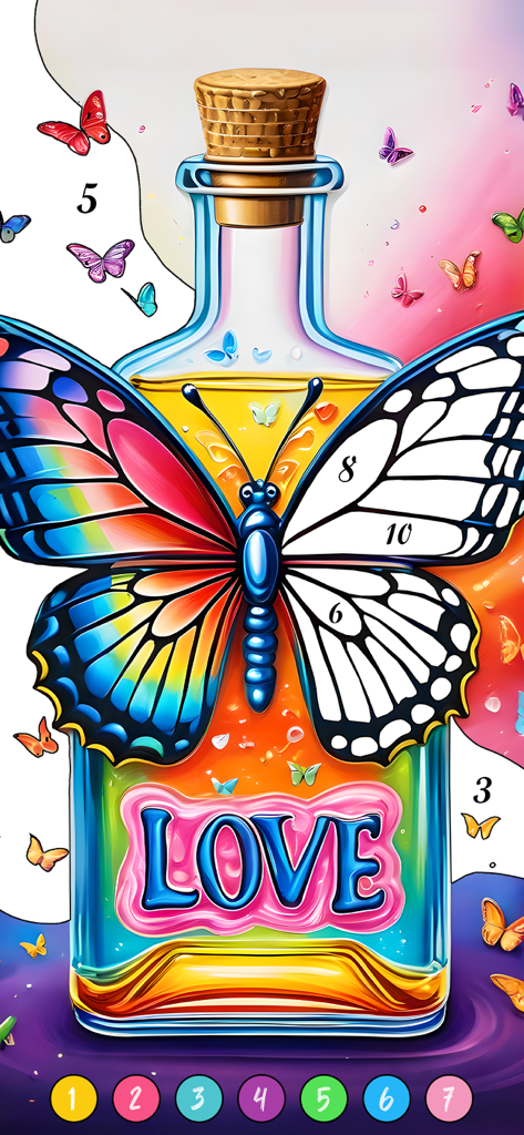 Une illustration numérique de peinture par numéros présentant un papillon vibrant sur une bouteille en verre étiquetée LOVE entourée de papillons volants.