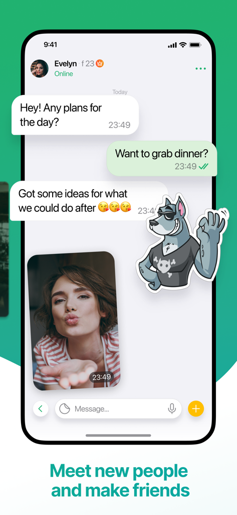 Frim: meet new people - Screenshot of the Frim app chat interface featuring messages and social stickers