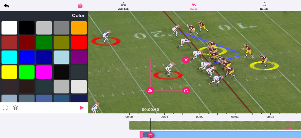 Coach Play - Sports Video - Interface of Coach Play app showing color selection and tactical annotations on an American football game video.