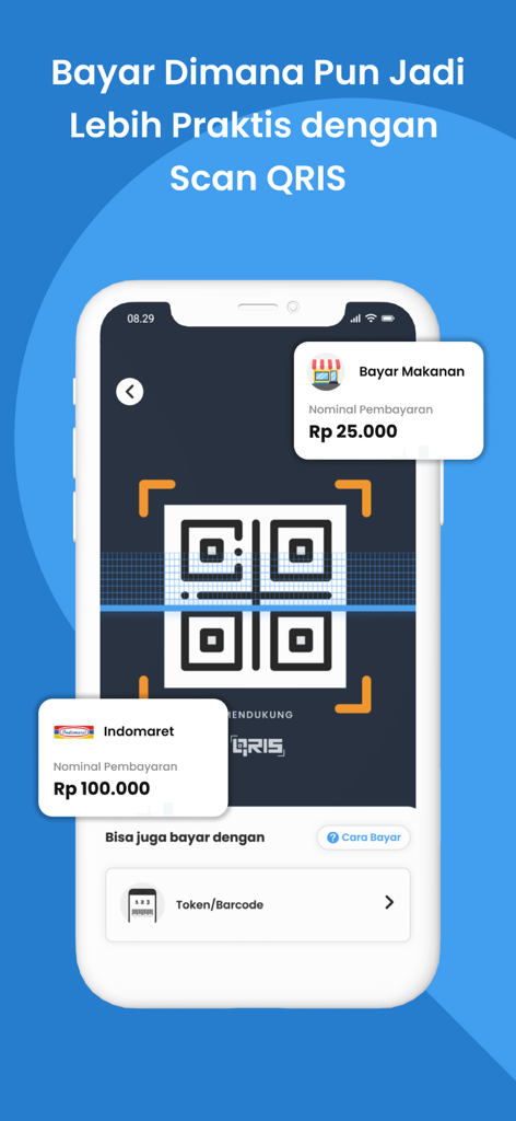 Mobile screen of i.saku app showing QRIS scan feature for digital payments at Indomaret and restaurants.
