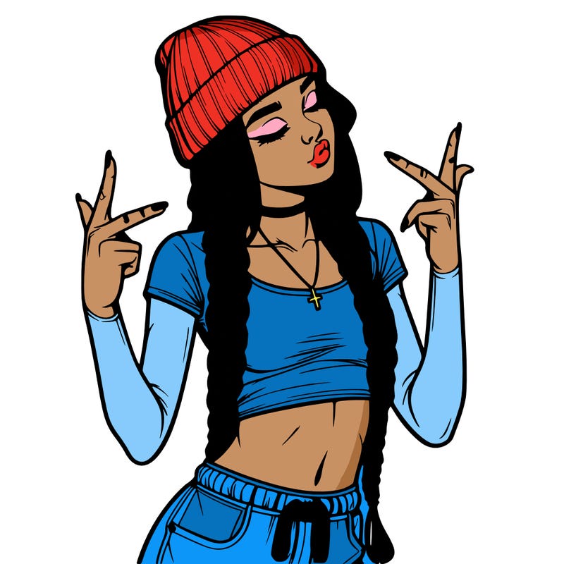 realistic teenage girl with braids and a beanie and crop top doing 🫶🏼