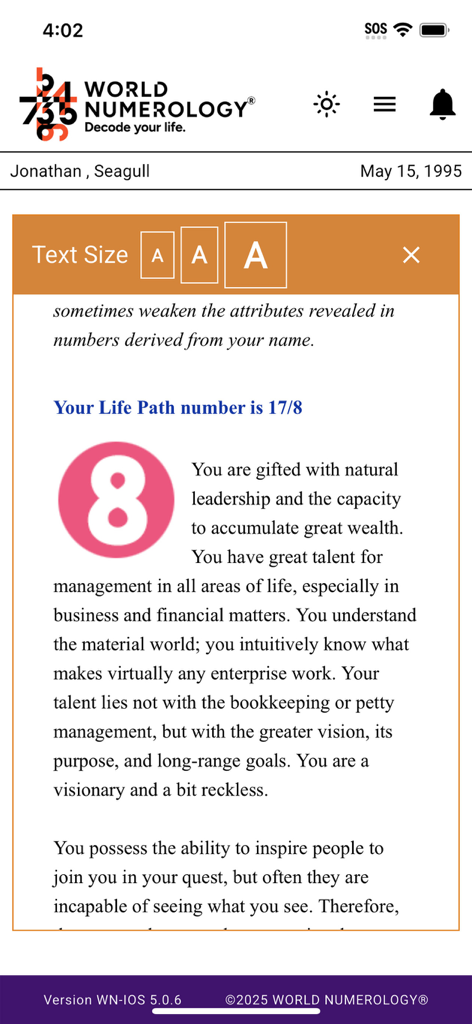 World Numerology Collection II - Screenshot of a Life Path number 8 personal reading in the World Numerology app