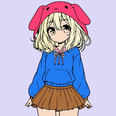 pretty anime girl wearing a fluffy hoodie with bunny ears on the hood and a skirt