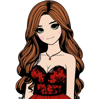 realistic girl with long hair and pretty prom dress