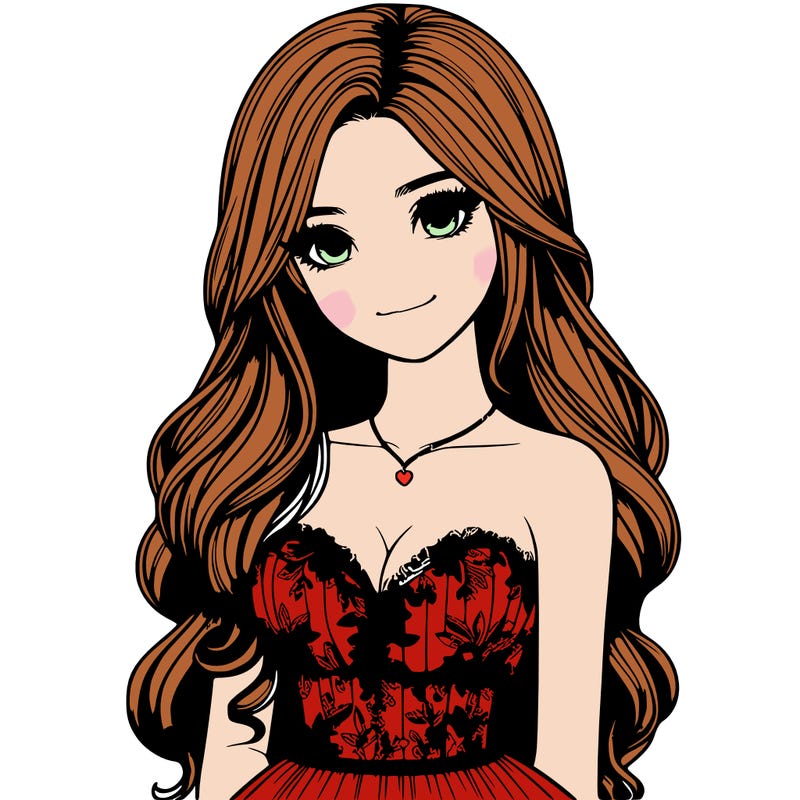 realistic girl with long hair and pretty prom dress