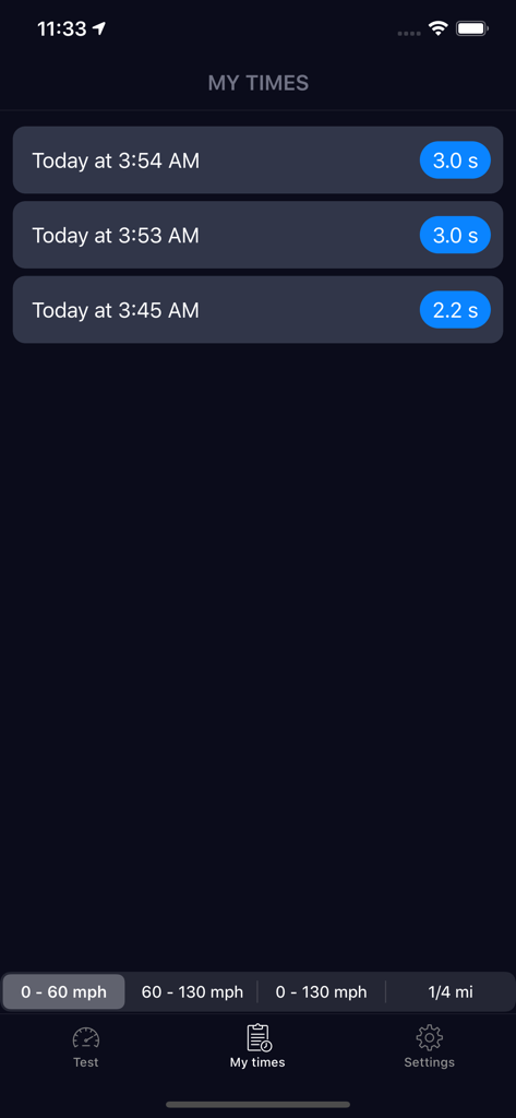 Speedy - Speedometer - A list of saved 0 to 60 mph acceleration times within the Speedy app history screen.
