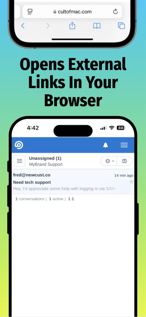 A screenshot of the FreeScout Plus mobile app highlighting the smart links feature that opens external URLs in the browser.