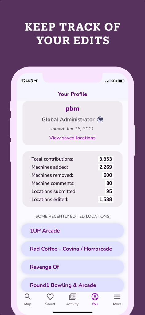 User profile screen showing pinball contribution statistics and recently edited locations