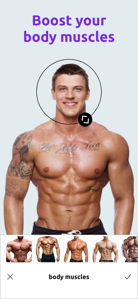 Macho Man-Edit Body Muscle Pro - A mobile app interface showing a body muscle and tattoo editing tool for photos