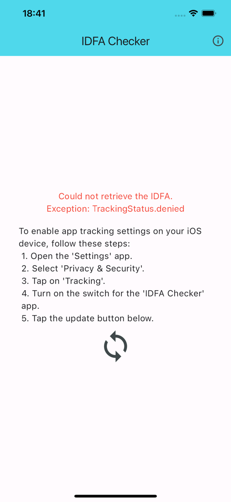 IDFA 확인 앱 화면에 추적 상태 거부 오류와 iOS 설정에서 활성화하라는 지침이 표시됨