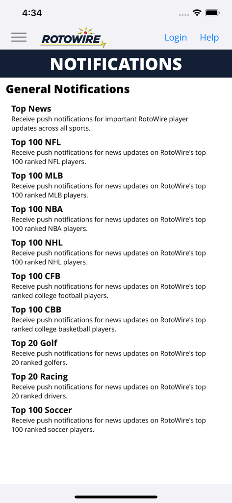 Écran de notification de l'application RotoWire affichant les options d'alerte push pour les 100 meilleurs joueurs dans différentes catégories sportives.