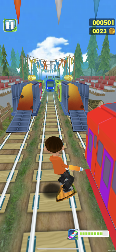 Railway Run -- Street Escape - A character surfing on a hoverboard along railway tracks in an endless runner mobile game.