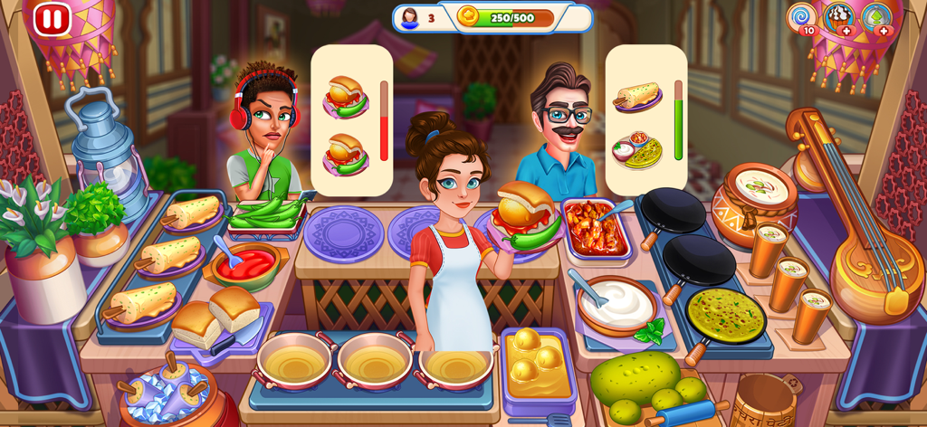 Cooking Express 2 - Food Games - Female chef serving Indian street food to customers in a colorful restaurant setting