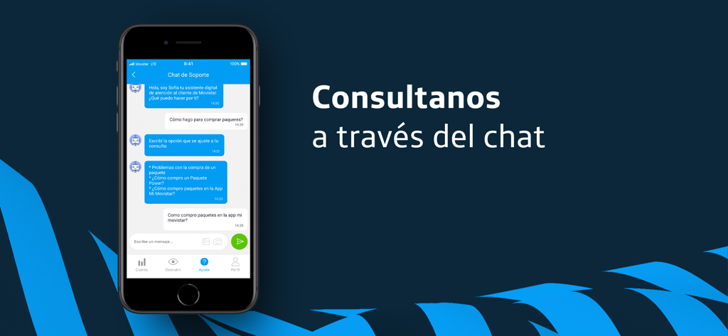 Mi Movistar Uruguay - Un smartphone mostrando la interfaz de chat de soporte de la app Mi Movistar Uruguay con un asistente digital.
