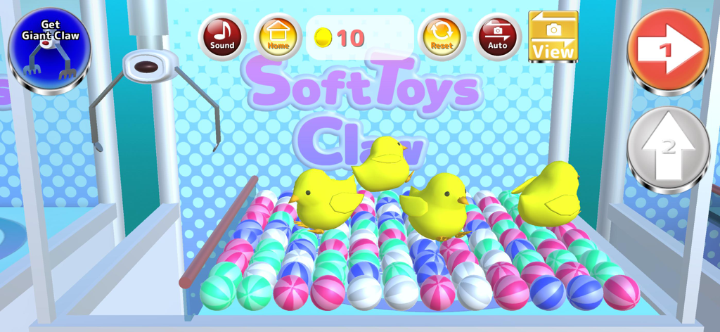 Soft Toys Claw : Claw Machine - Pantalla de juego de la máquina Soft Toys Claw con peluches de pollito amarillo y controles de arcade.