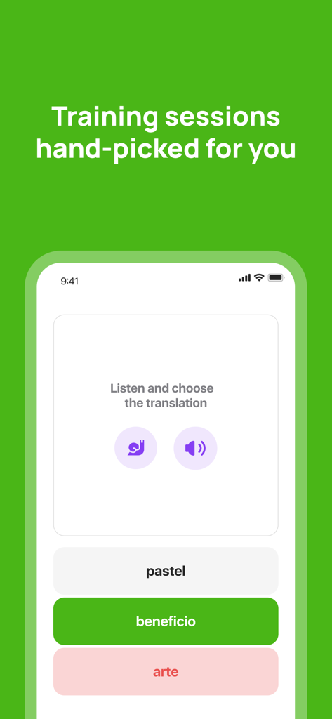Spanish language learning app interface for a listening and translation training session