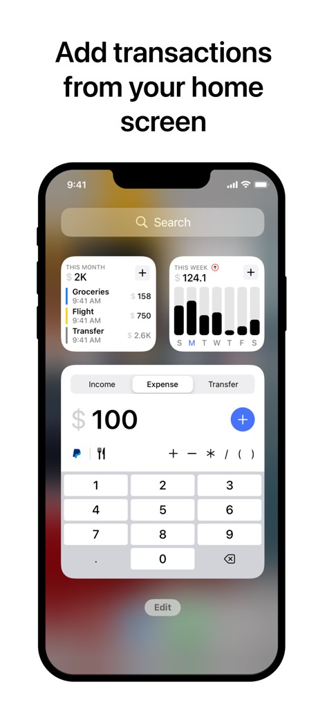 Simple‎ - Pantalla de inicio de iPhone mostrando widgets interactivos de finanzas para rastrear gastos y presupuestos