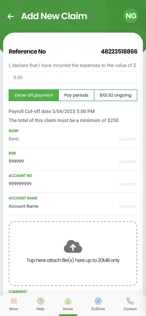 MyEziwayAccount - Add new claim screen in MyEziwayAccount app showing expense details bank information and file upload option
