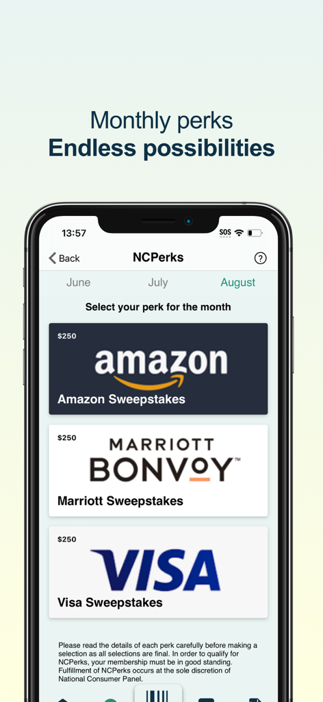NCPMobile app monthly perks screen with sweepstakes for Amazon and Visa gift cards
