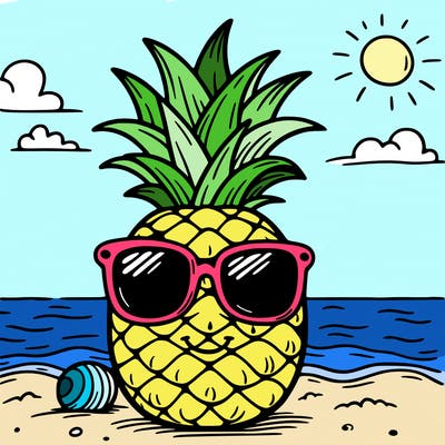 a pineapple wearing sunglasses at the beach