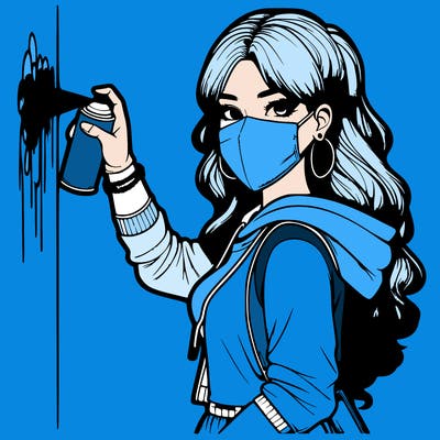 realistic girl with mask spray painting a wall