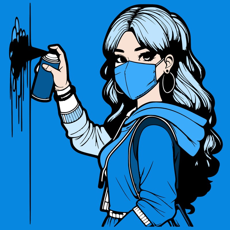 realistic girl with mask spray painting a wall