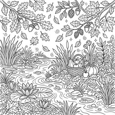 Immerse yourself in the beauty of autumn by the river with this delightful coloring page. Discover a rich tapestry of river plants, falling leaves, and bountiful harvest details, ready for your creative touch.
