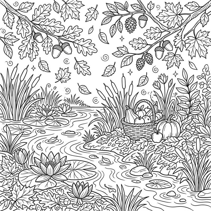 Immerse yourself in the beauty of autumn by the river with this delightful coloring page. Discover a rich tapestry of river plants, falling leaves, and bountiful harvest details, ready for your creative touch.