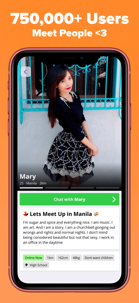 A profile of a woman named Mary from Manila on the PinaLove dating app including her bio and chat button