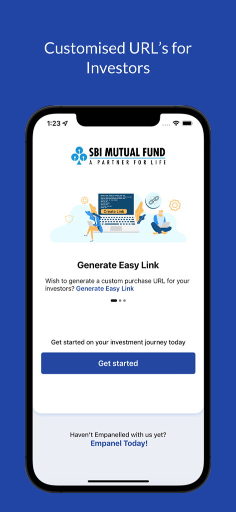 SBI MF Partner app interface for generating custom investor links