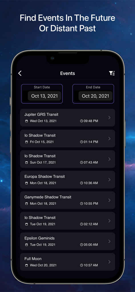 SkySafari 7 Plus - SkySafari 7 Plus Events Finder screen showing a list of astronomical events like planet transits and moon phases for planning observations.