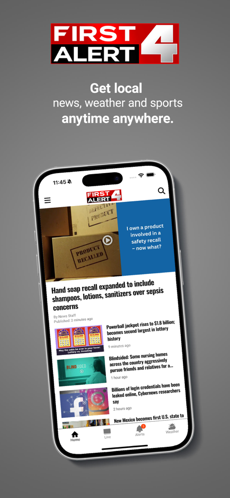 First Alert 4 - First Alert 4 mobile app interface on an iPhone showing local St. Louis news headlines and weather alerts