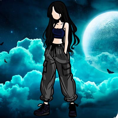 girl in baggy pants crop top and long hair