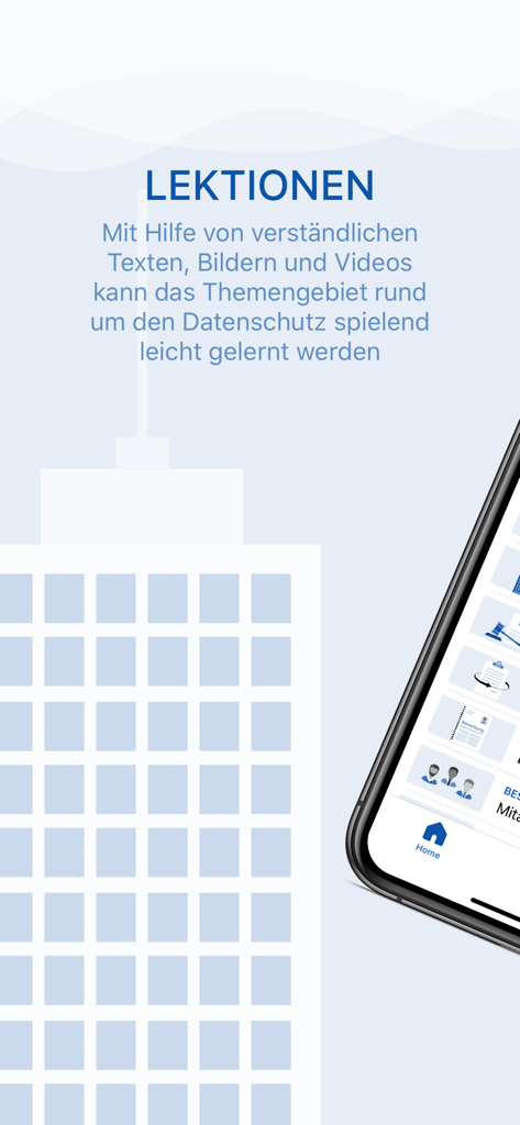 Interfaz de la aplicación de formación DSGVO RGPD que muestra lecciones y contenido educativo.
