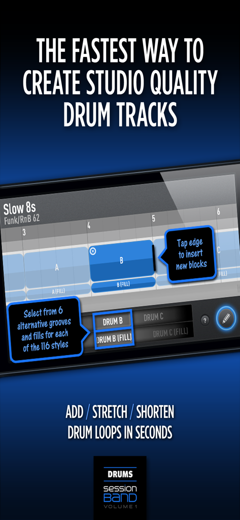 SessionBand Drums 1 - Interface of the SessionBand Drums 1 app showing drum loop blocks and track editing features