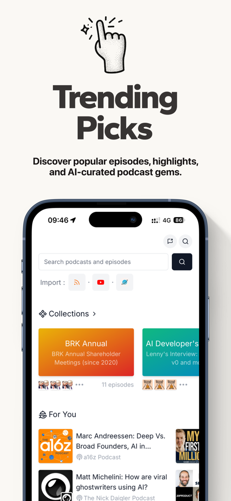 Podwise app interface showing trending picks and AI-curated podcast episodes