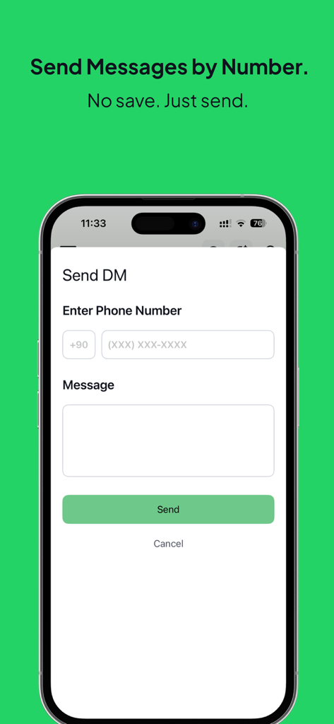 All Messenger for WA Web - iPhone screen showing the Send DM feature for messaging without saving phone numbers