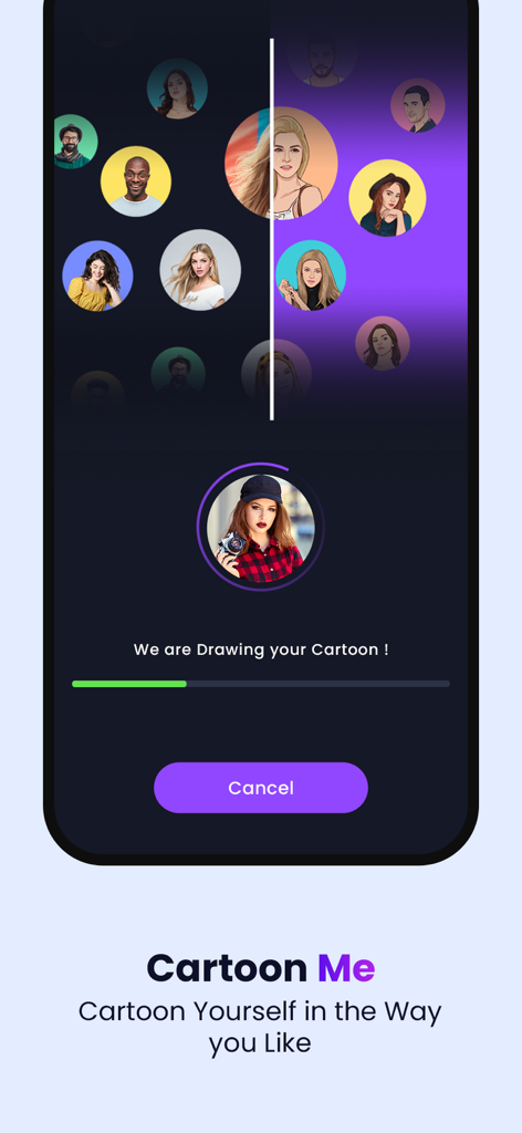 Écran de l'application CartoonMe montrant une barre de progression pour le dessin d'un portrait cartoon avec l'IA.